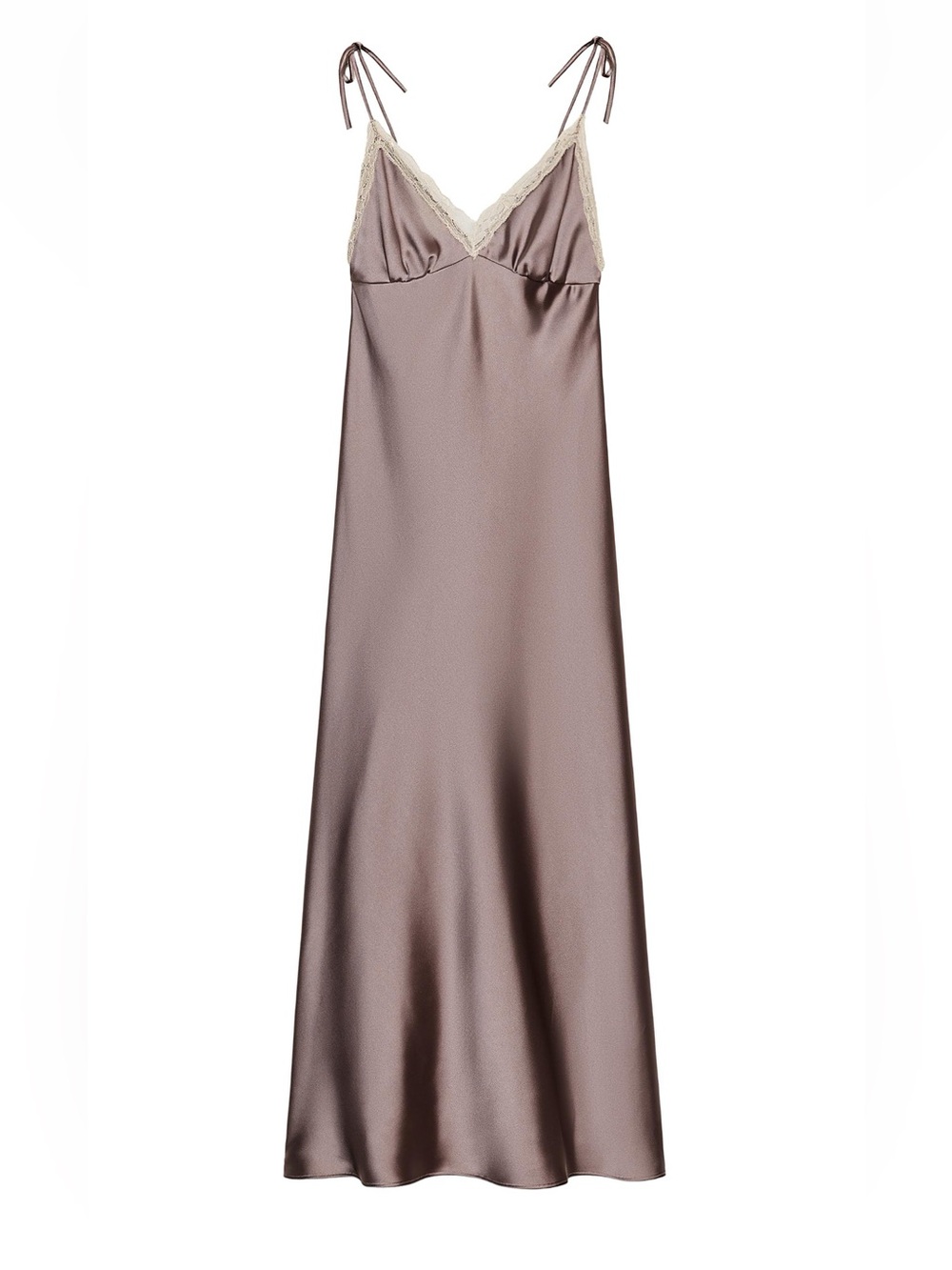 Zara Satin Midi Low Back Slip Dress in Mauve with Cream Lace Trim